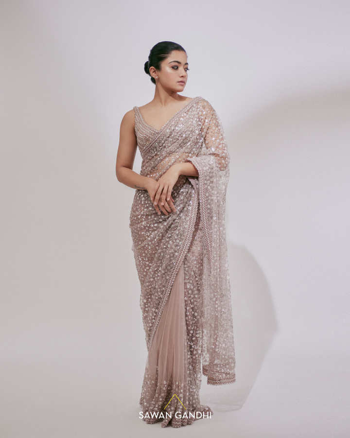 Rashmika Mandanna in Blush pink sequins and cutdana saree