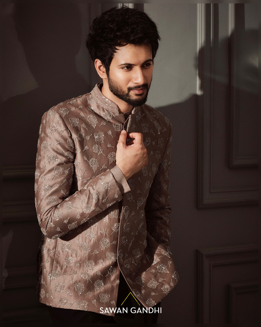 Rohit saraf in Taupe Rose cutdana bandgala