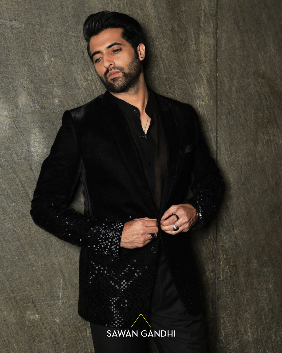 Akshay Oberoi in Noir cutdana scattered down jacket