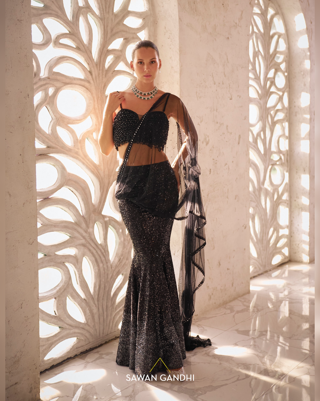 Black to grey sequins drape saree
