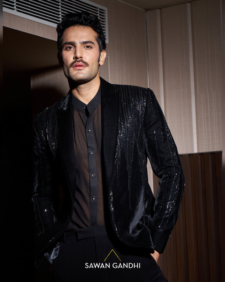 Black sequins stripe velvet jacket
