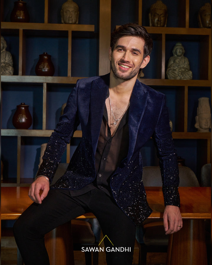 Navy blue velvet cutdana work jacket