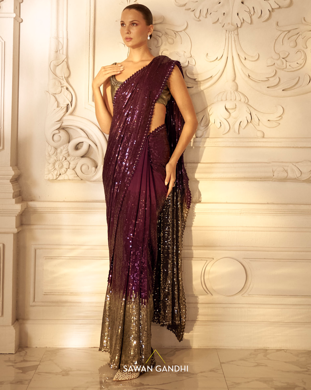 Wine to grey sequins saree