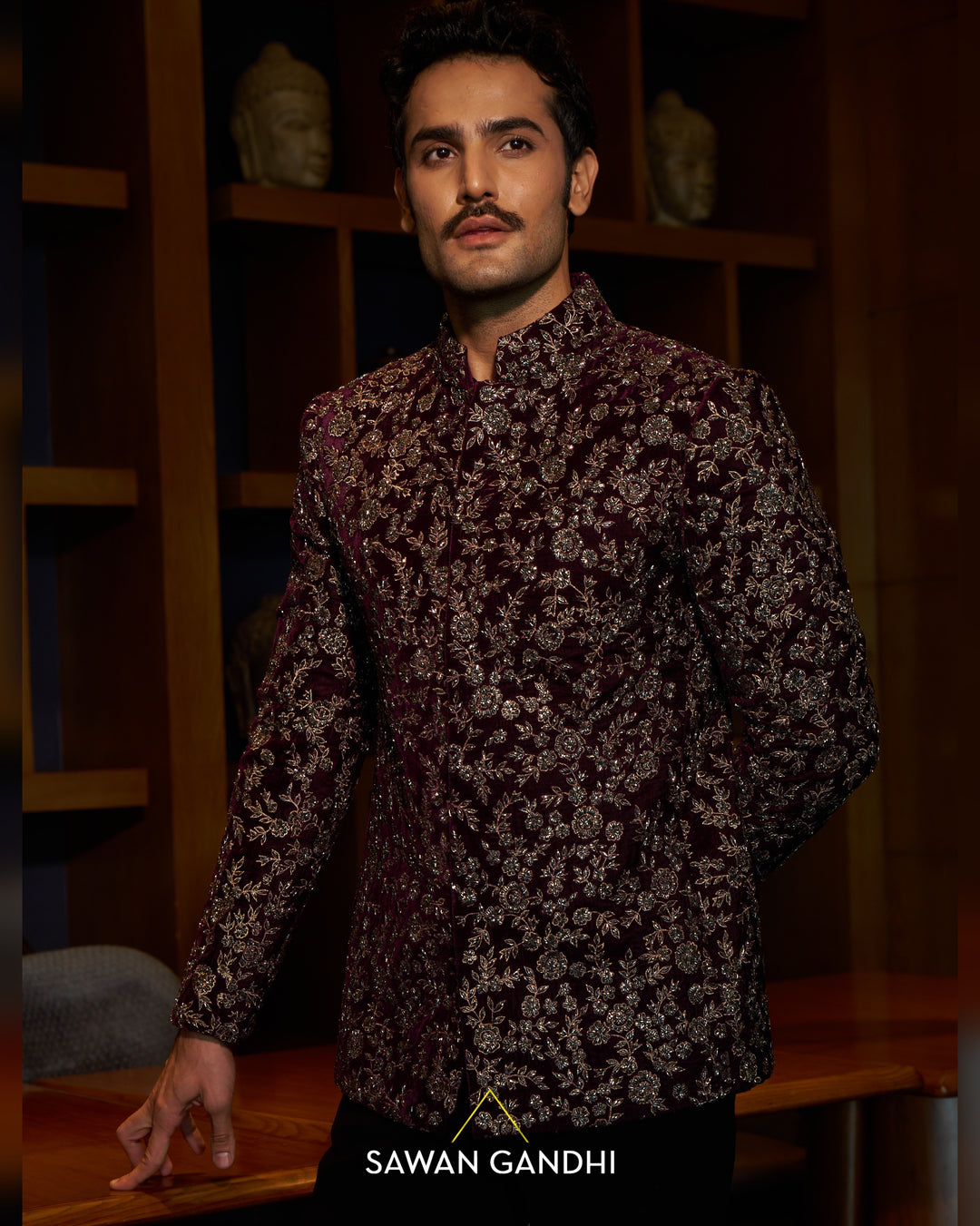 Rasin wine velvet gunmetal work Bandgala