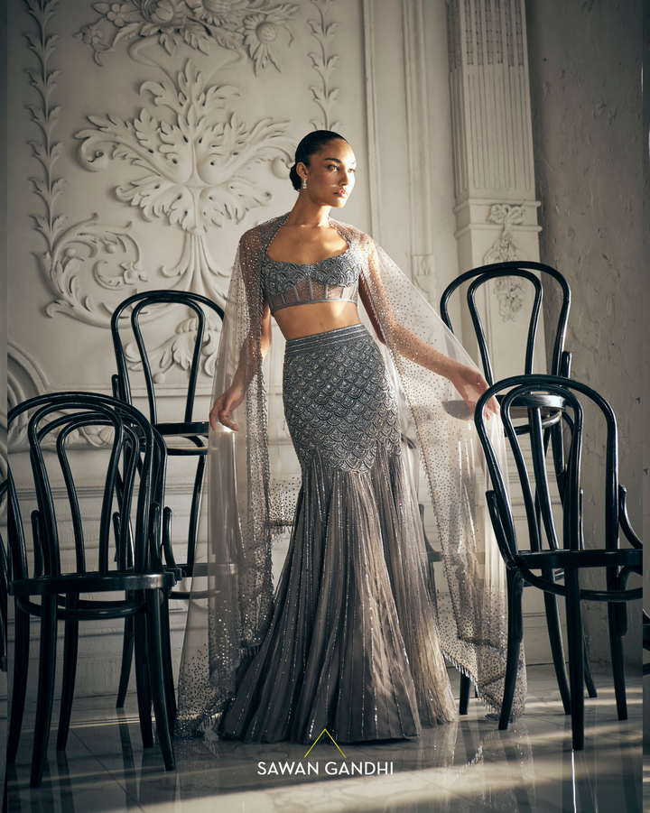Grey fishcut lehenga