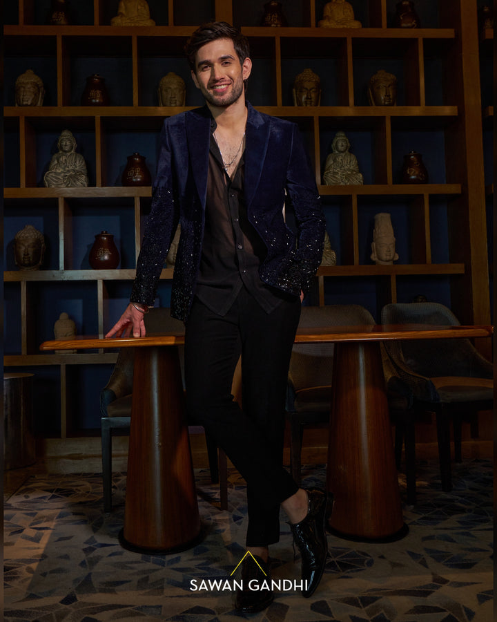 Navy blue velvet cutdana work jacket