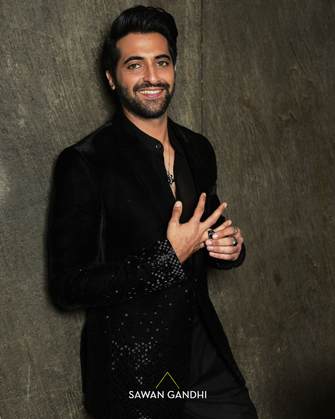 Akshay Oberoi in Noir cutdana scattered down jacket
