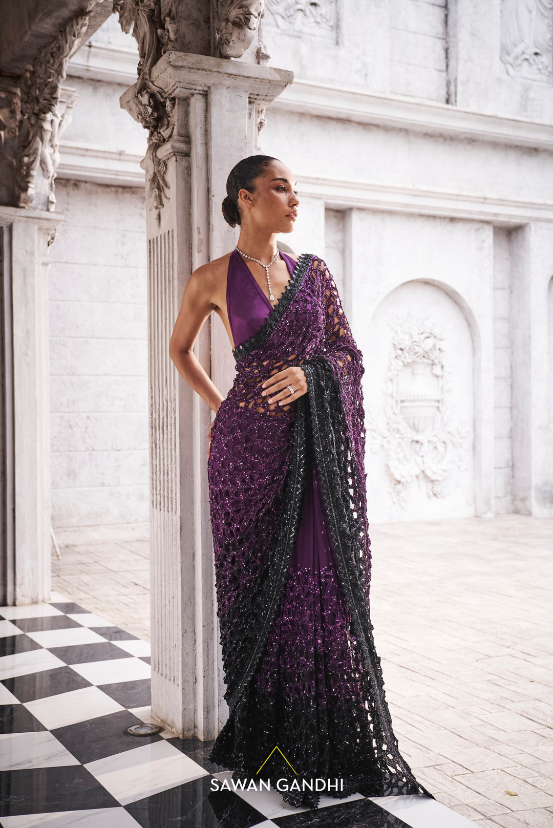 Purple to black ombre cutwork saree