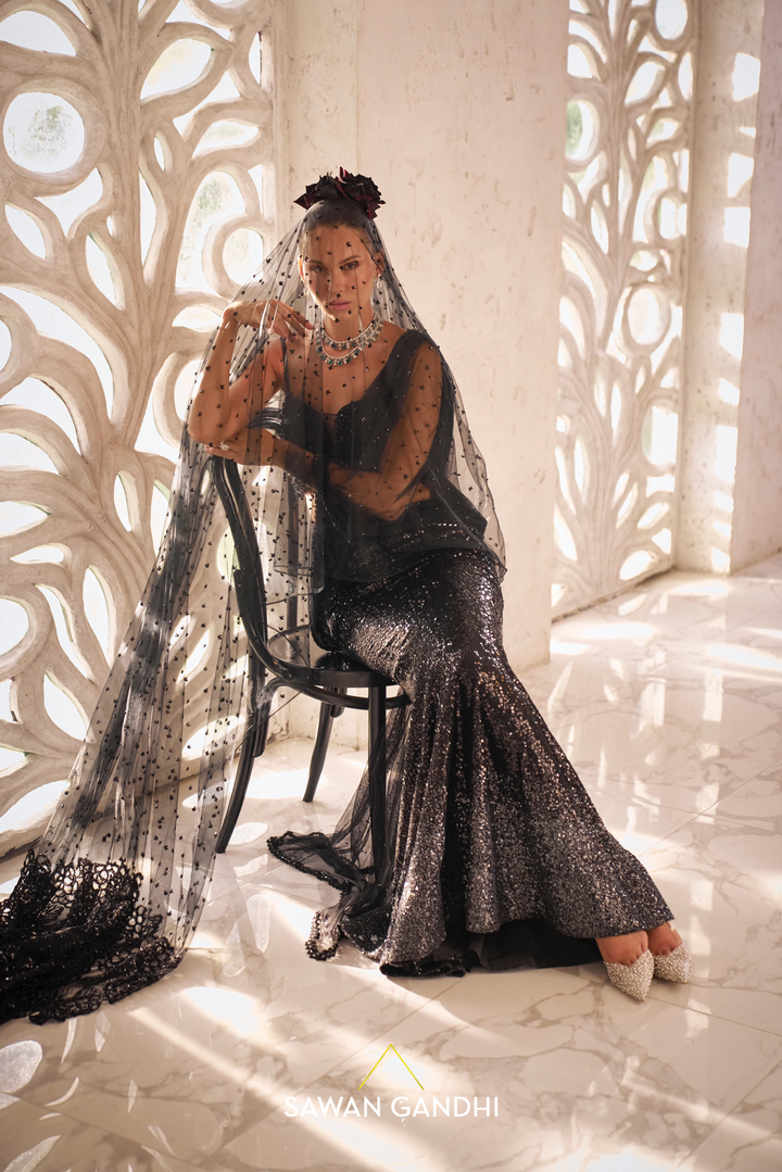 Black to grey sequins drape saree