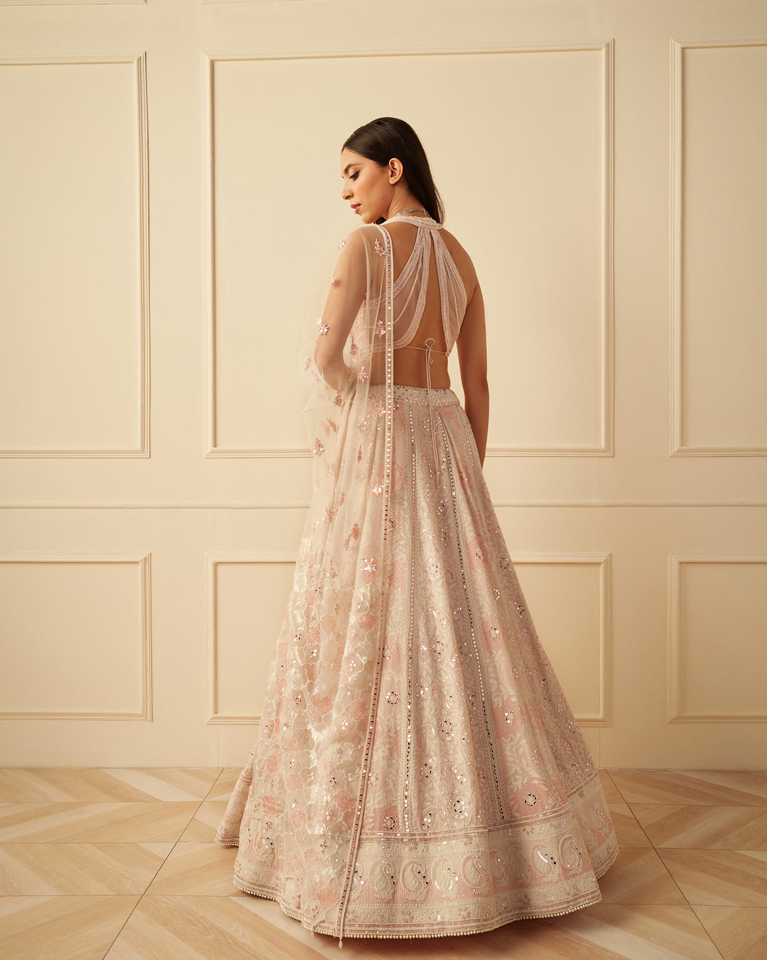 Ivory Chikankari lehegna with pink thread work