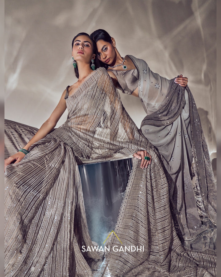 Taupe grey ombre chikankari saree set
