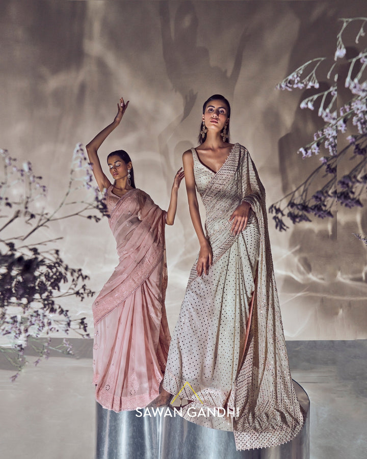 Peach ombre chikankari saree set