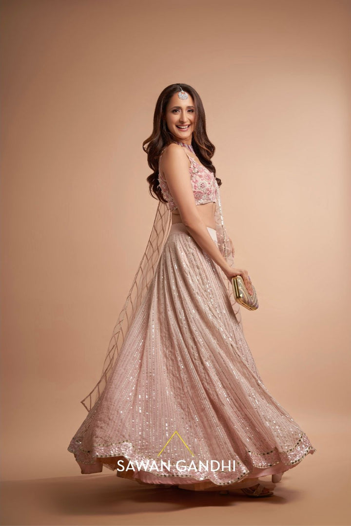 Pragya Jaiswal in Peach ghicha lehenga