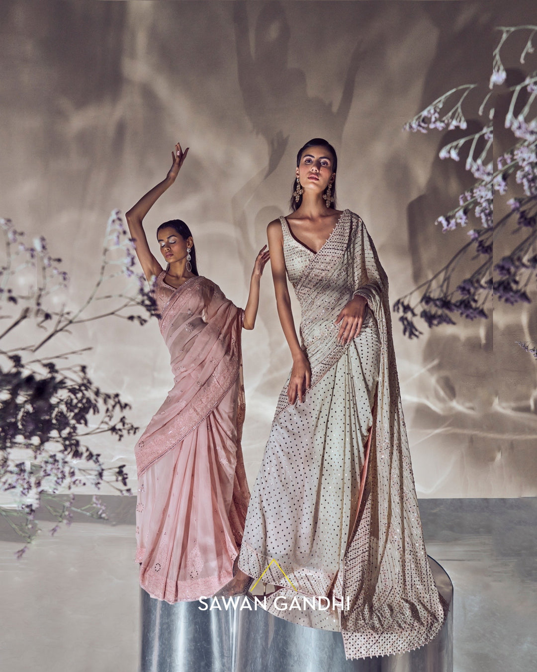Ivory mirror and mukaish work saree set