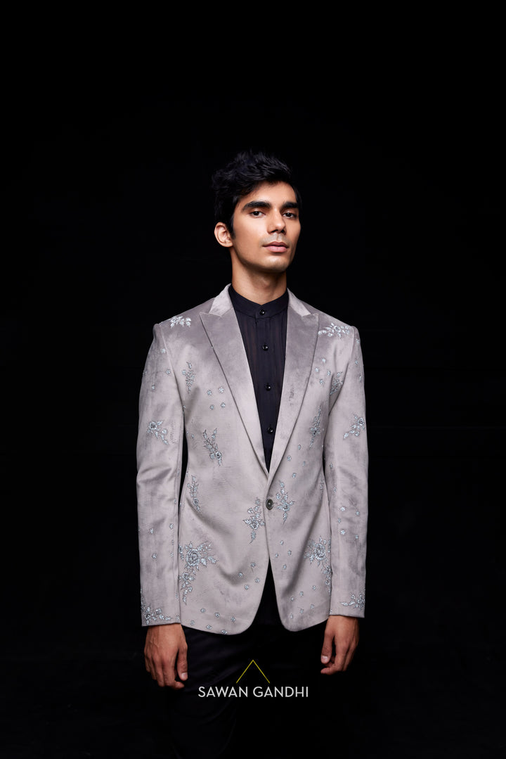 Grey jacket with cutdana floral work