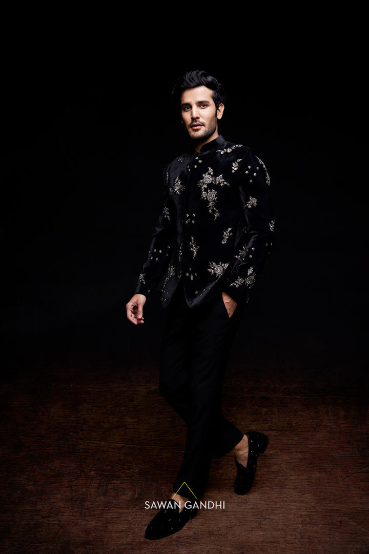 Midnight blue bandhgala with cutdana motifs