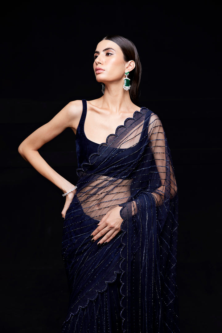 Midnight blue saree with crystal work