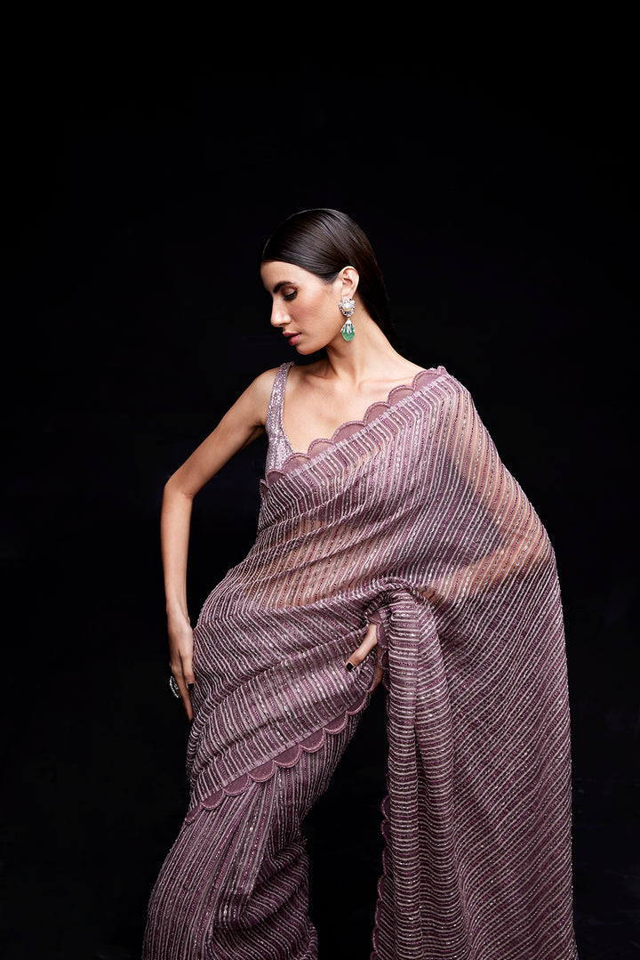 Old rose pink sequin work saree