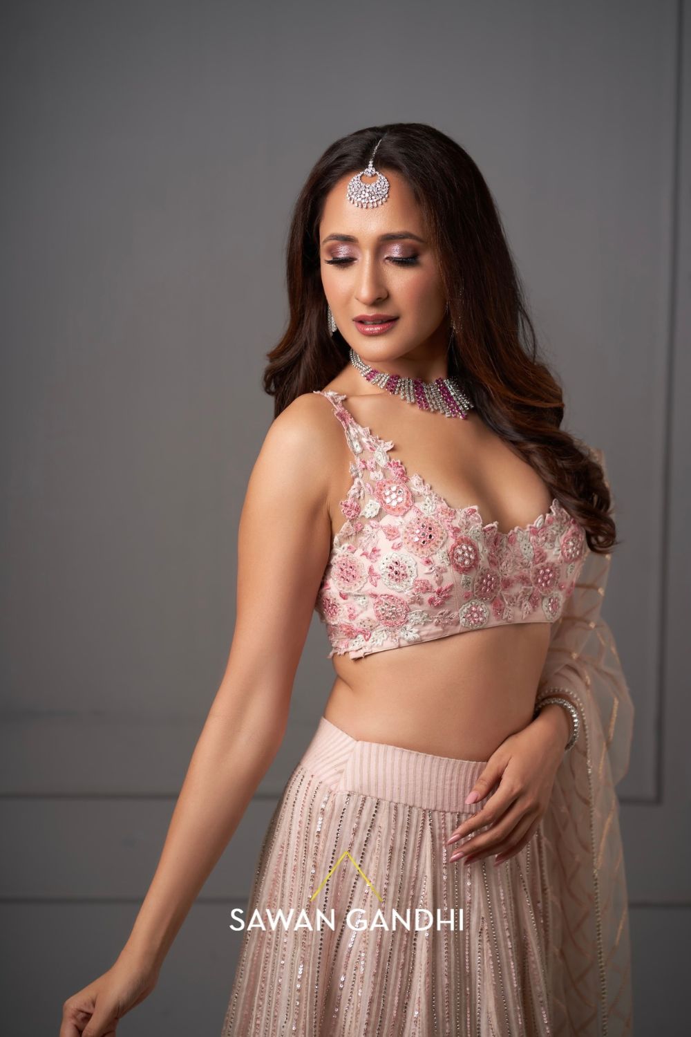 Pragya Jaiswal in Peach ghicha lehenga