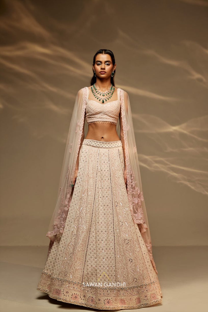 Ivory and pink chikankari lehenga set