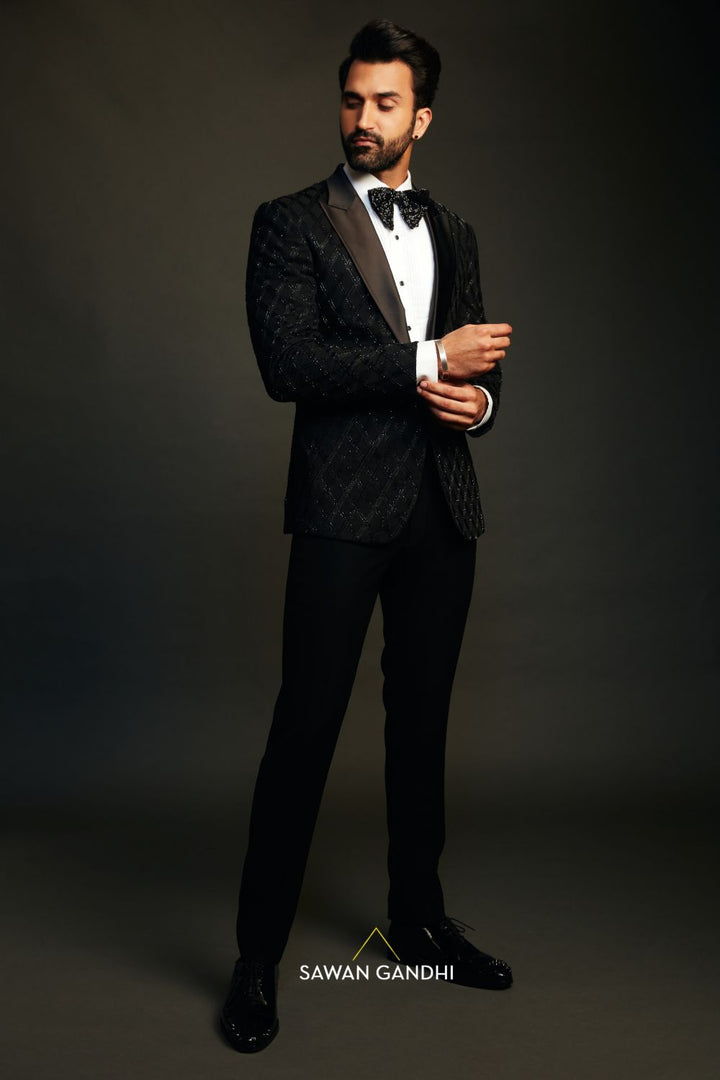 Gurfateh singh pirzada in Black tuxedo with thread and cutdana work