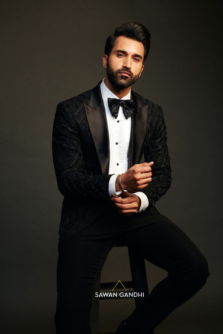 Gurfateh singh pirzada in Black tuxedo with thread and cutdana work