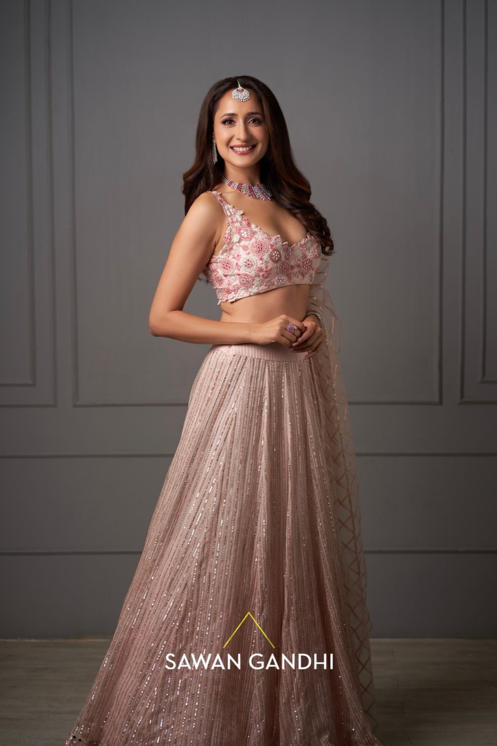 Pragya Jaiswal in Peach ghicha lehenga