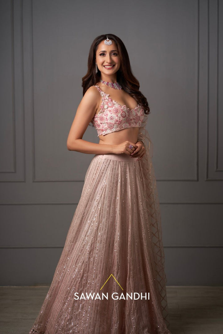 Pragya Jaiswal in Peach ghicha lehenga