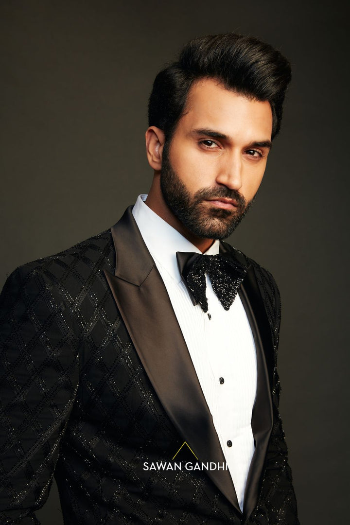 Gurfateh singh pirzada in Black tuxedo with thread and cutdana work