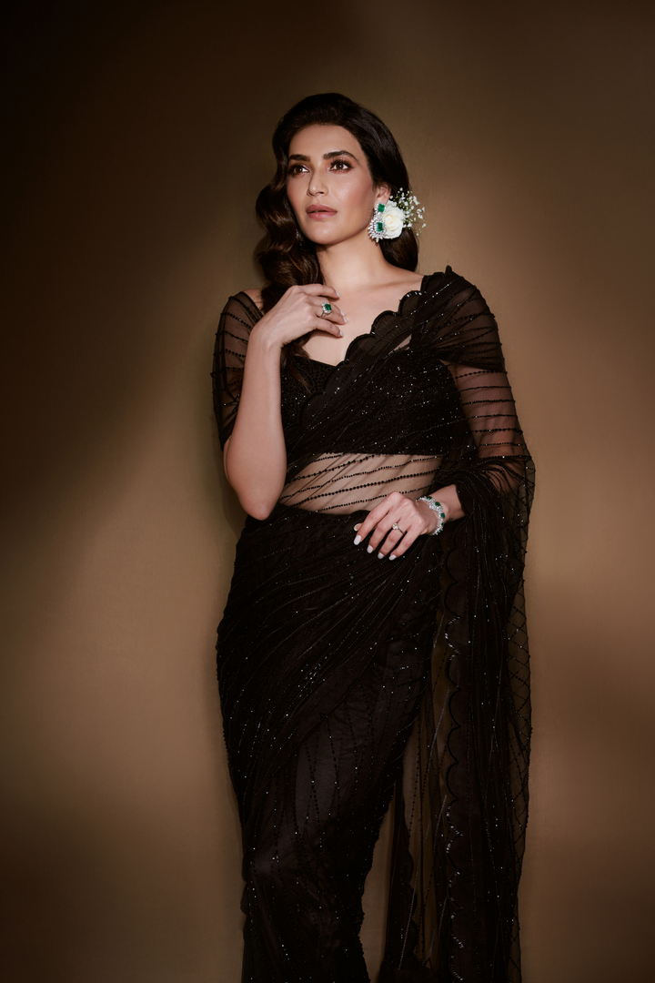 KARISHMA TANNA IN BLACK CRYSTAL SAREE AND BLOUSE