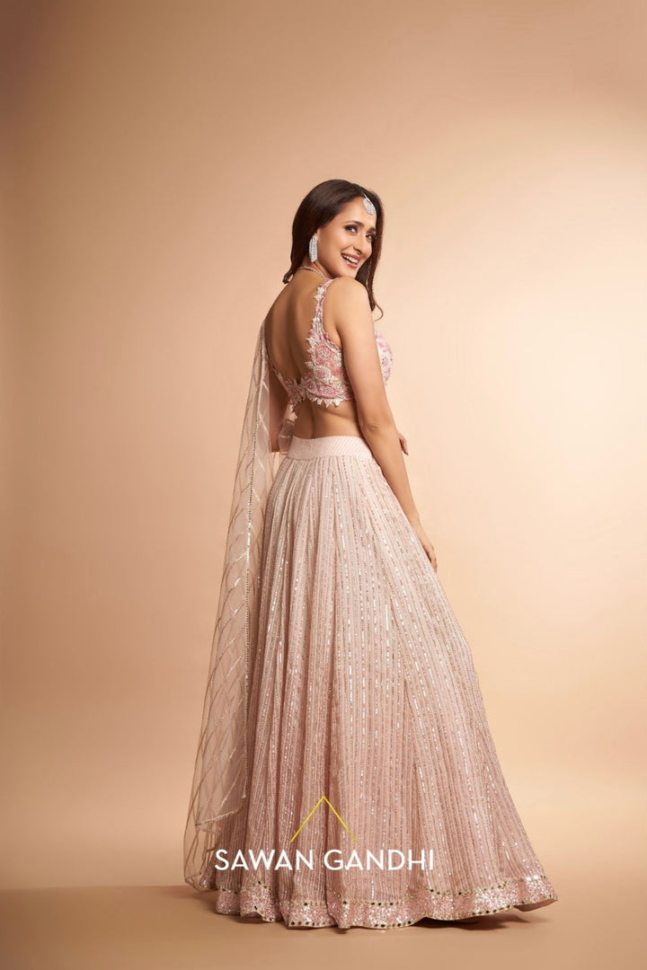 Pragya Jaiswal in Peach ghicha lehenga
