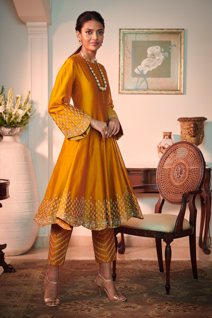 MUSTRARD SHORT ANARKALI SUIT AND PANTS