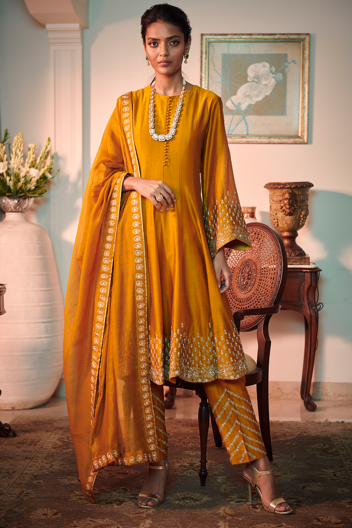 MUSTRARD SHORT ANARKALI SUIT AND PANTS