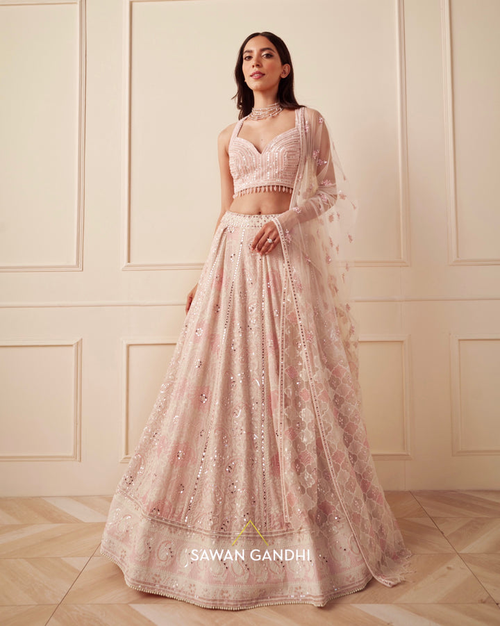 Ivory Chikankari lehegna with pink thread work