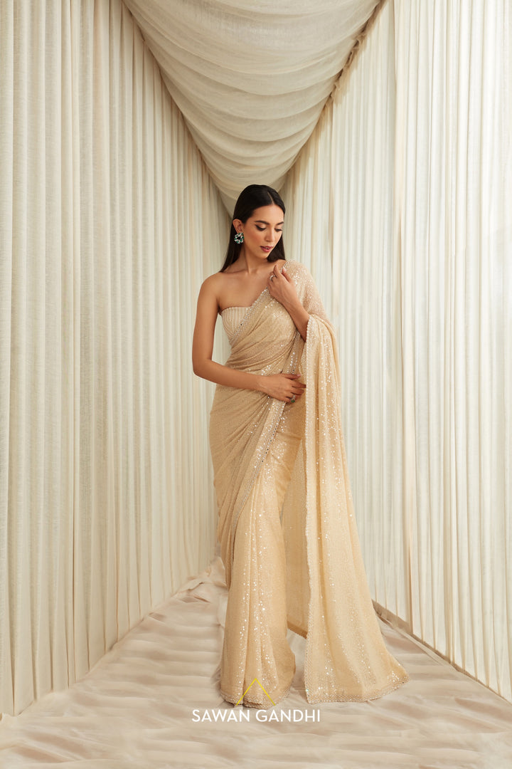 Beige sequins saree set