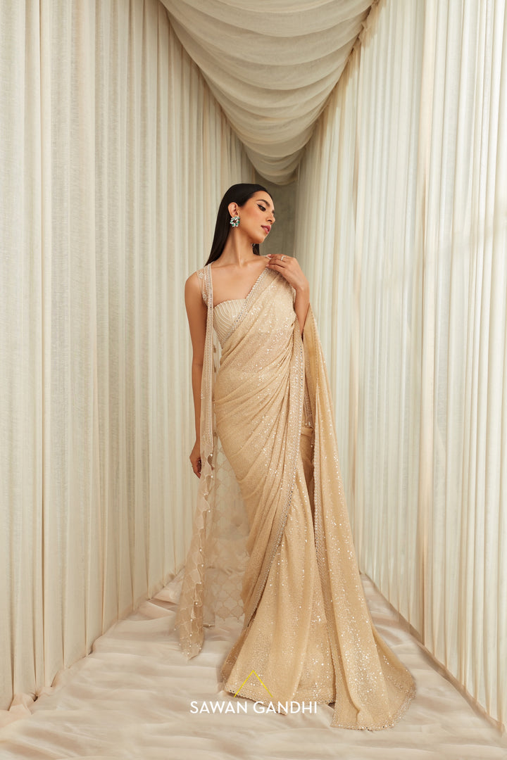 Beige ombré transparent sequins work saree with cape