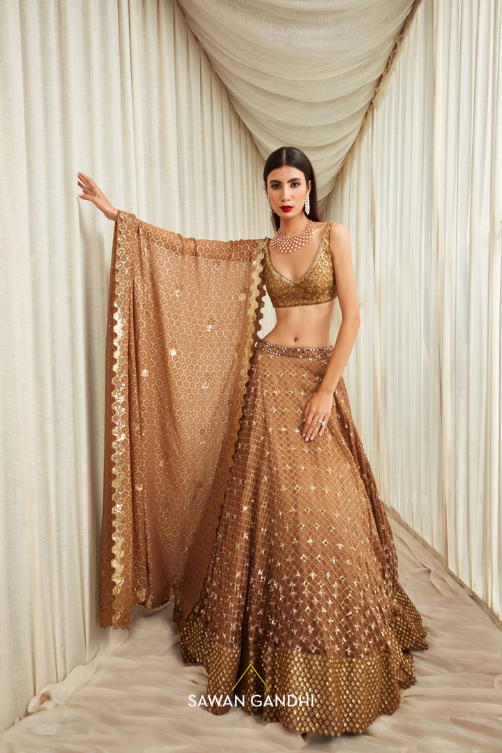 Oxidised gold rombus pattern sequins and mirror work lehenga set