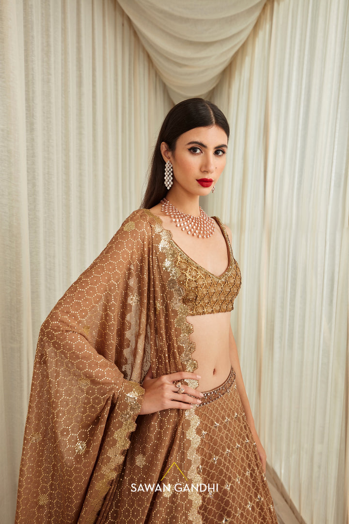 Oxidised gold rombus pattern sequins and mirror work lehenga set