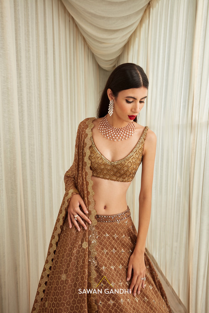 Oxidised gold rombus pattern sequins and mirror work lehenga set