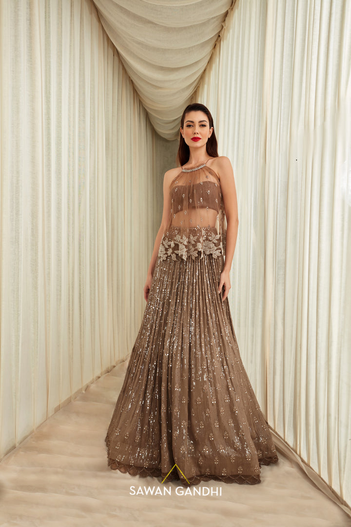 Taupe sequins lehenga with cape