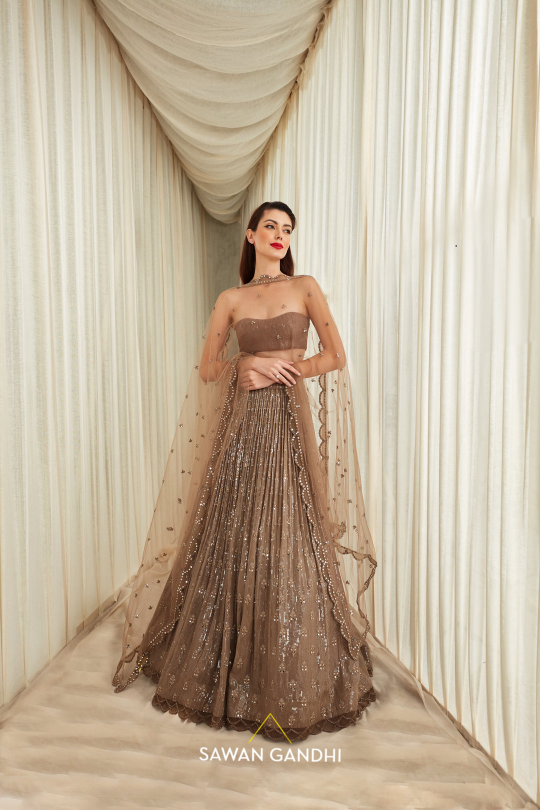 Taupe sequins and mirror floral booti work lehenga set