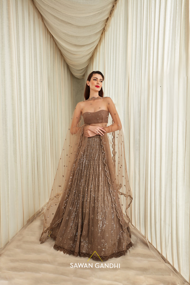 Taupe sequins and mirror floral booti work lehenga set