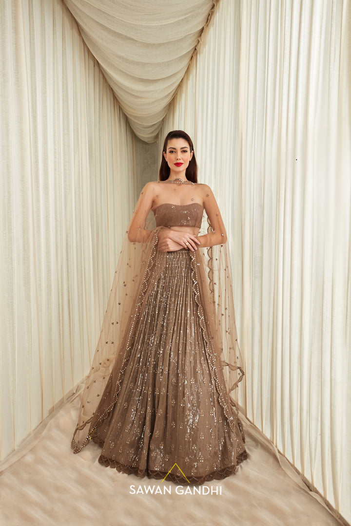 Taupe sequins and mirror floral booti work lehenga set