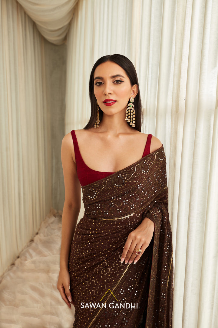 Coffee chikankari saree
