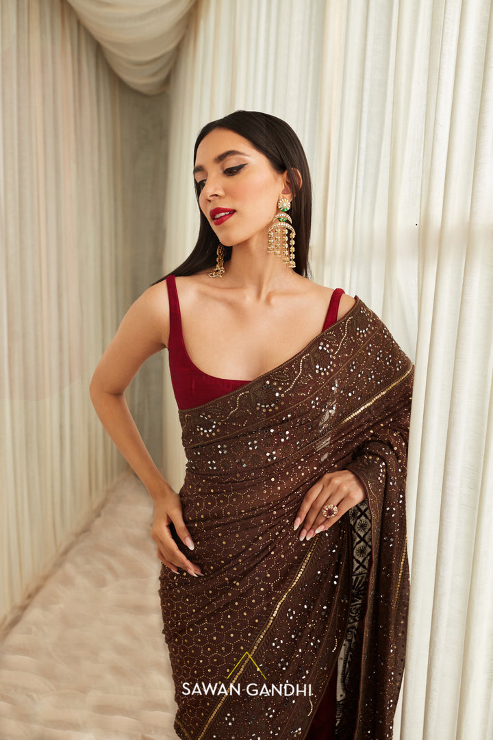 Coffee chikankari saree