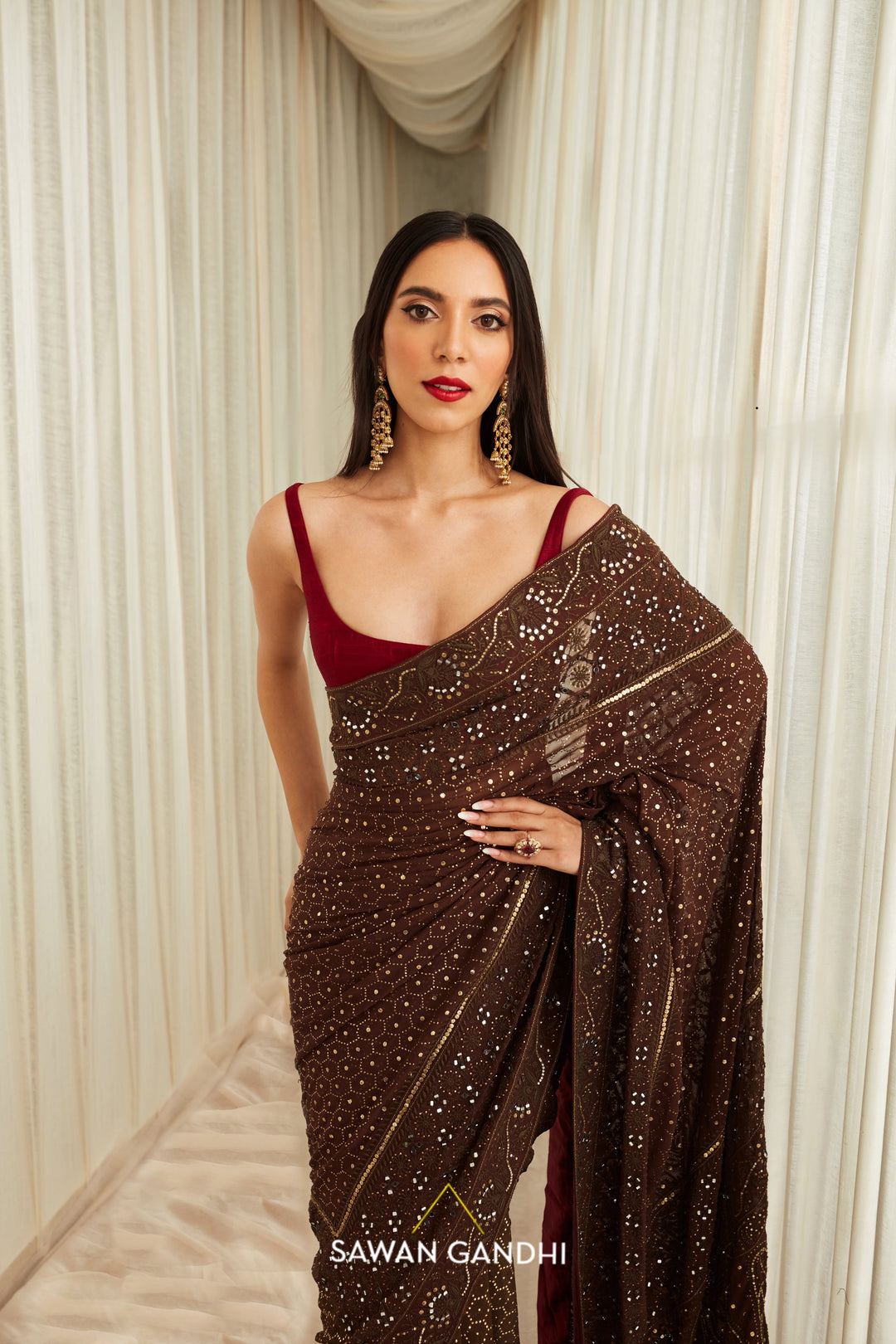 Coffee chikankari saree