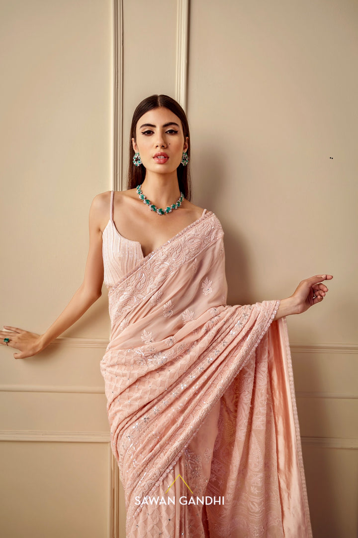 Peach Chikankari saree set