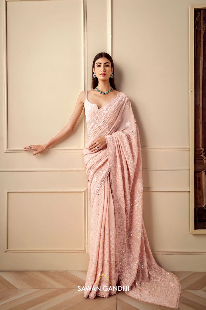 Peach Chikankari saree set