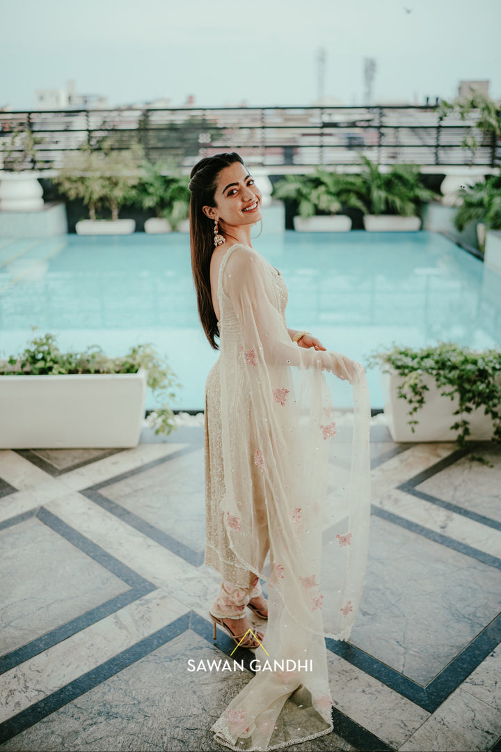Rashmika Mandanna in Gold sequins suit