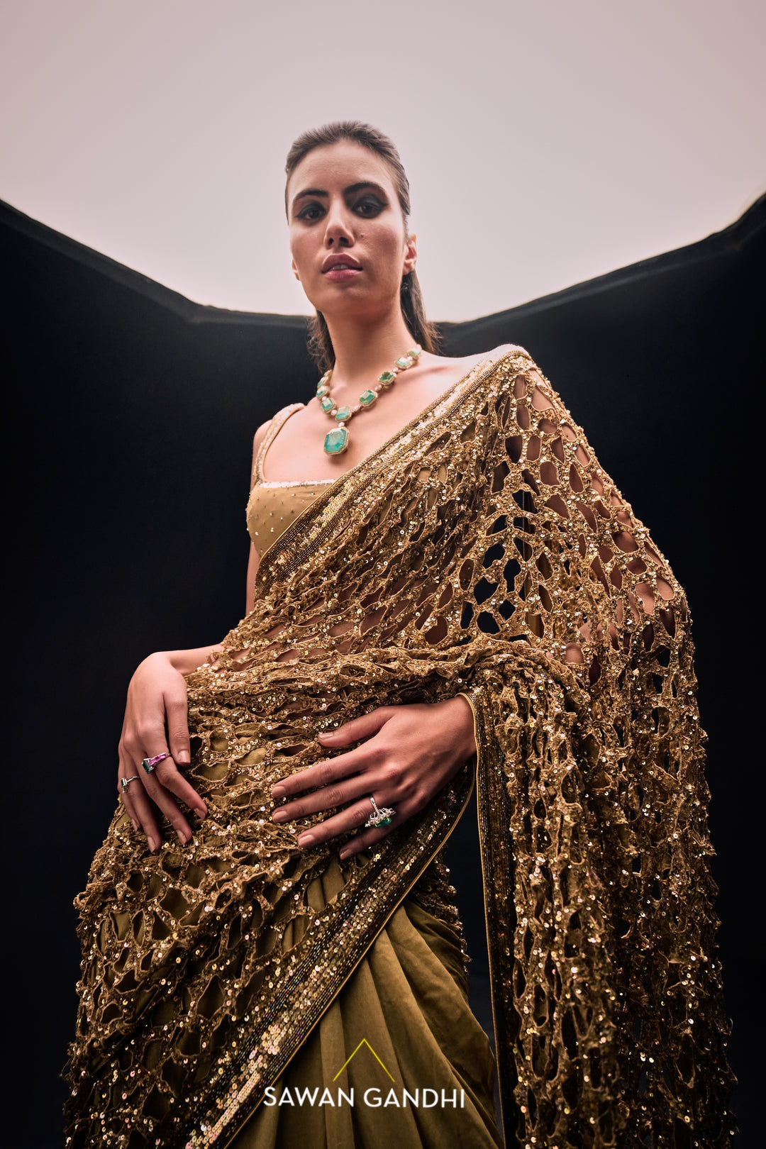 Golden cut work saree